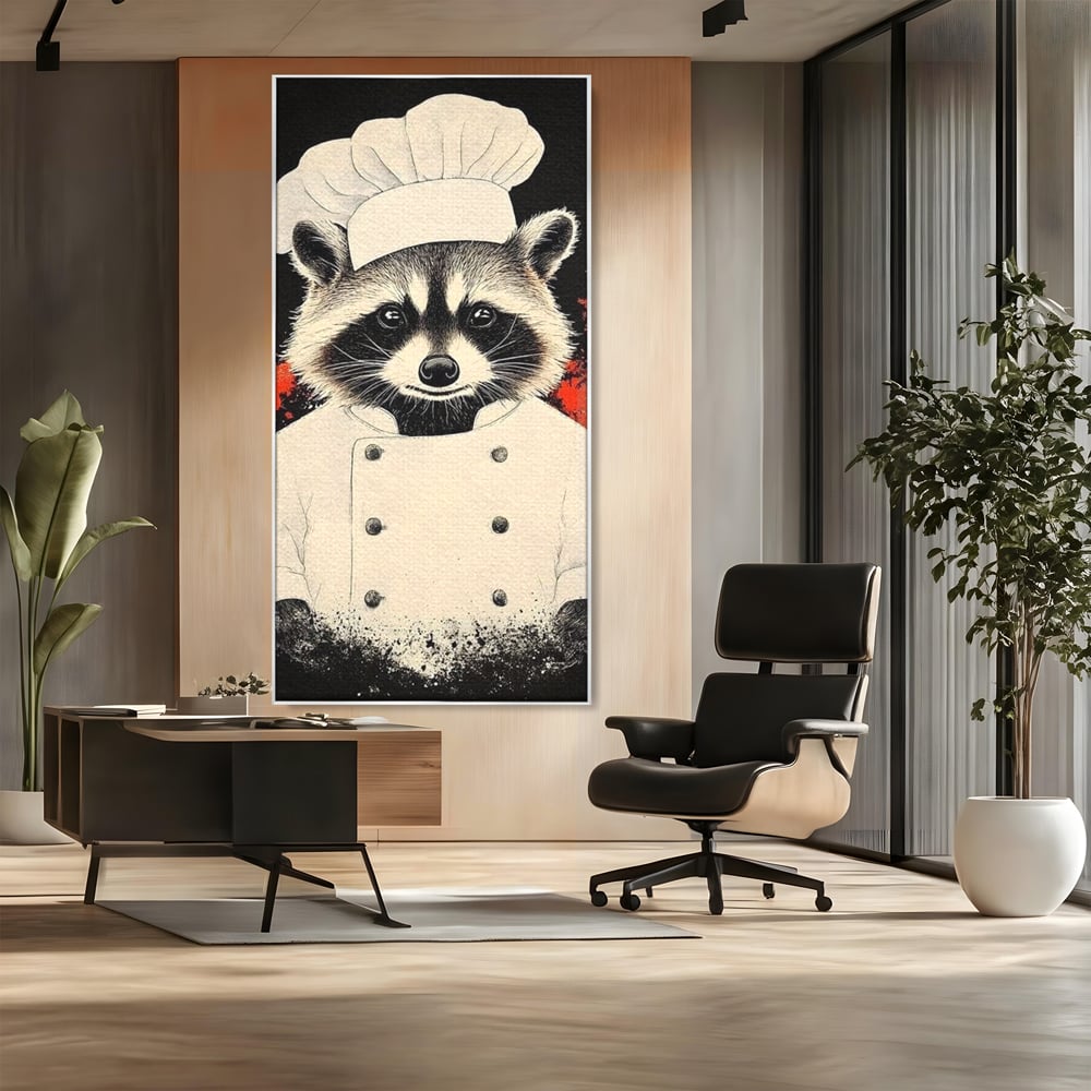 Tablou canvas cu tablou canvas cu raton bucatar, in rama de aluminiu argintiu, pe perete intr-un birou
